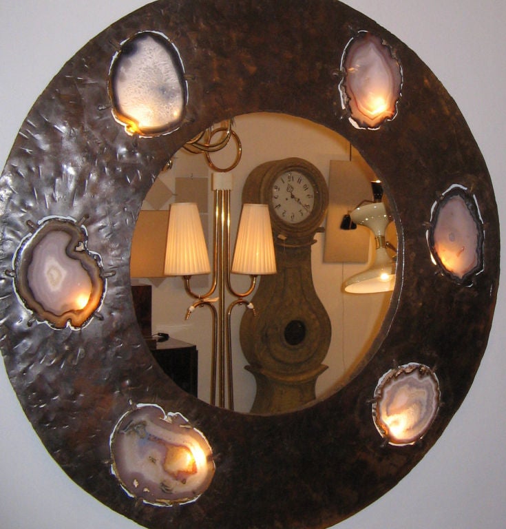 A Fabulous Lit Hammered Iron and Agate Studio Wall Mirror at 1stdibs
