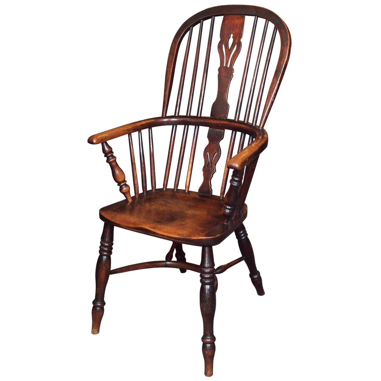 Antique English Elm And Ash Windsor Chair With Crinoline Stretcher At