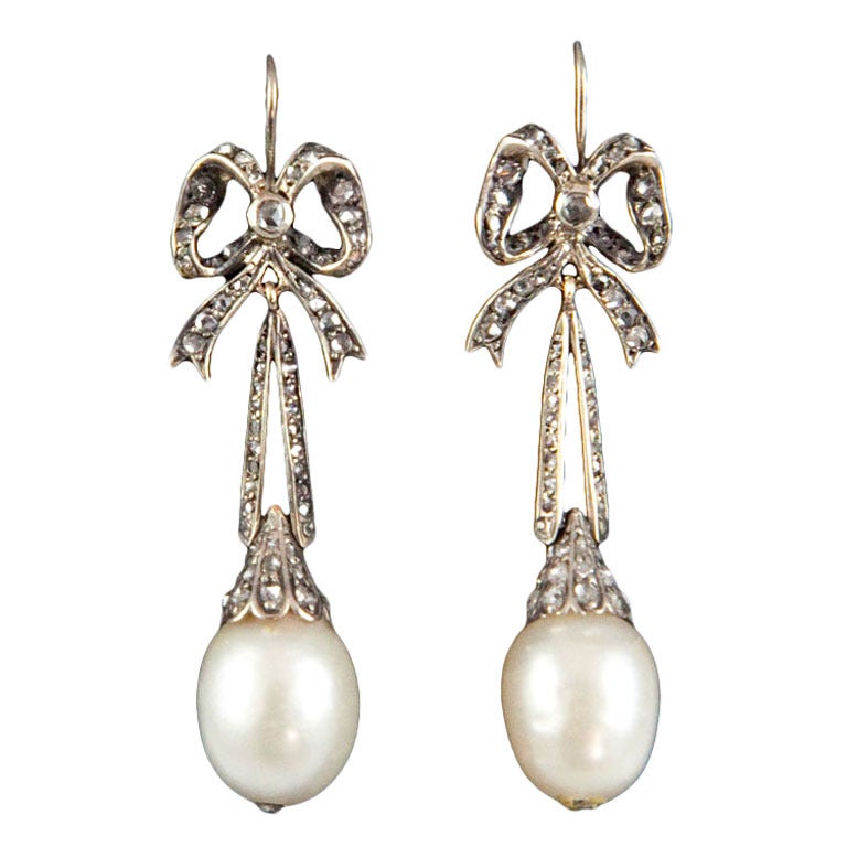 Victorian Natural Pearl Diamond  Gold Silver Earrings