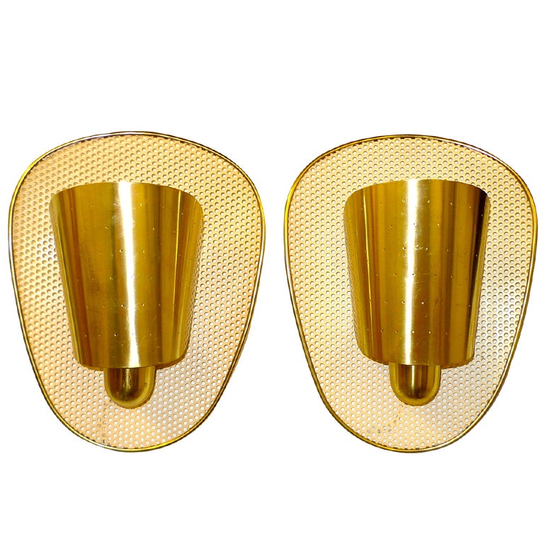 Set of 3 Brass & Perforated Metal Sconces by Jacques Biny