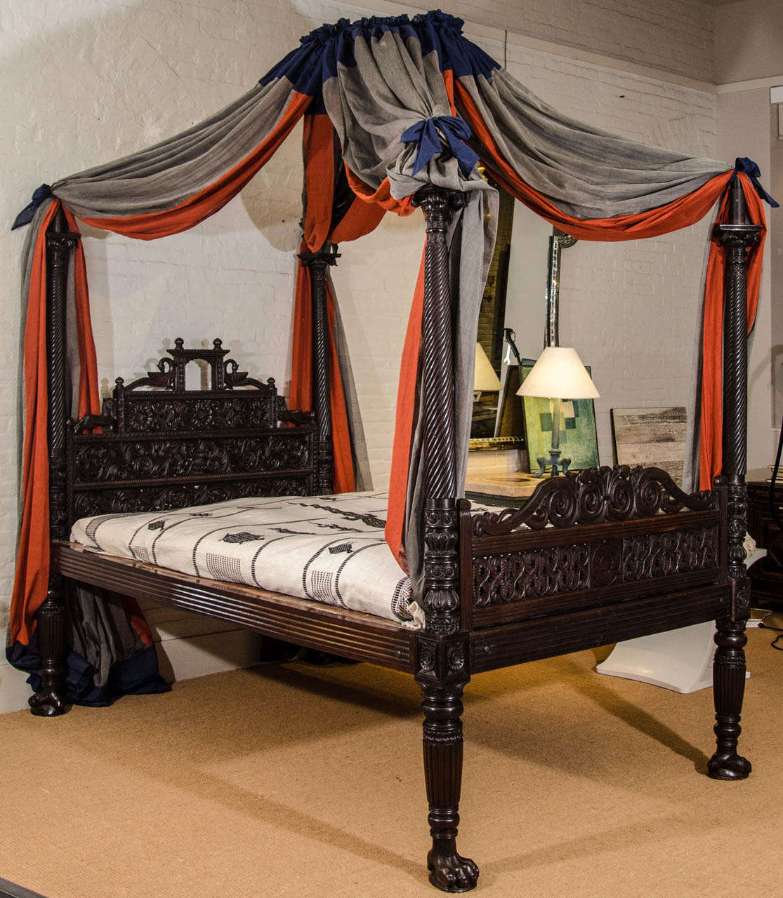 ... Finely Carved 19th Century Anglo-Indian Mahogany Bed with Metal Canopy