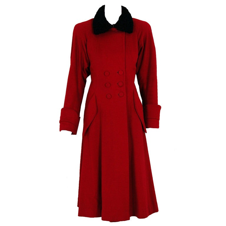 1940's Ruby-Red Wool and Persian Lamb Princess Coat with Muff at 1stdibs
