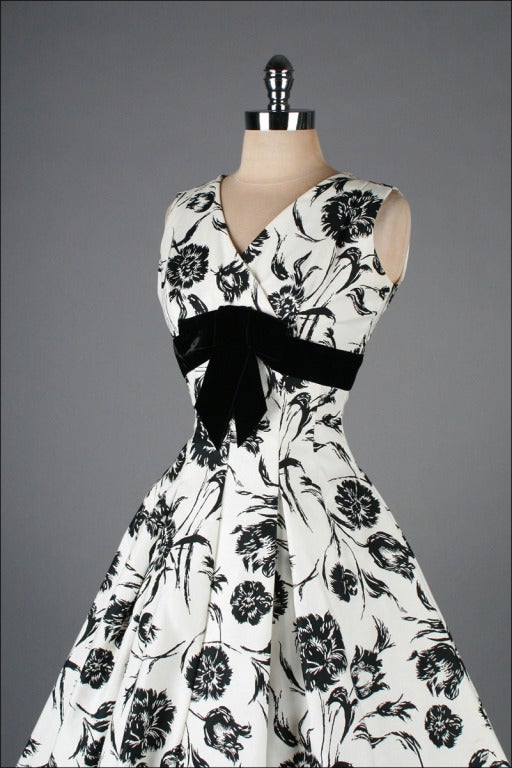 Vintage 1950's Elinor Gay Black White Cotton Floral Dress at 1stdibs
