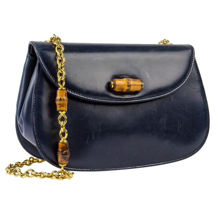 Gucci Vintage Navy Blue Lambskin Leather Bamboo Crossbody Bag