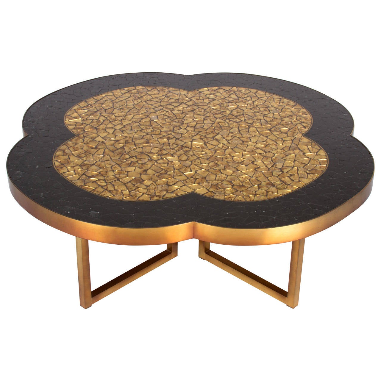 Gold leaf, brass and black glass mosaic quatrefoil coffee table, 1950s