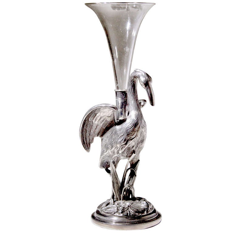 Silver-and-glass heron vase, 19th century
