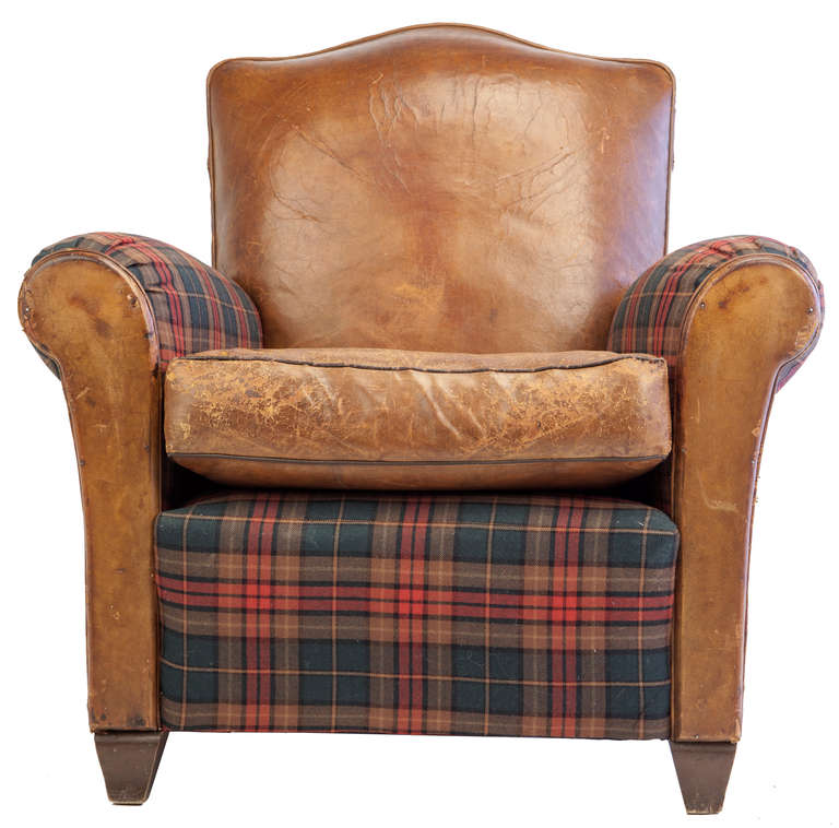 Small-Scale Club Chair in Leather and Tartan Plaid at 1stdibs