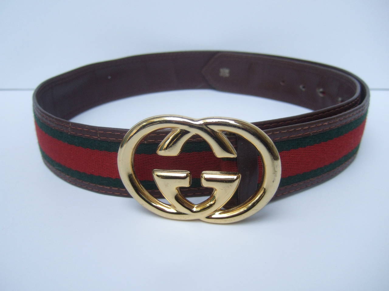 Gucci Sleek Gilt Buckle Red and Green Striped Belt c 1980s at 1stdibs